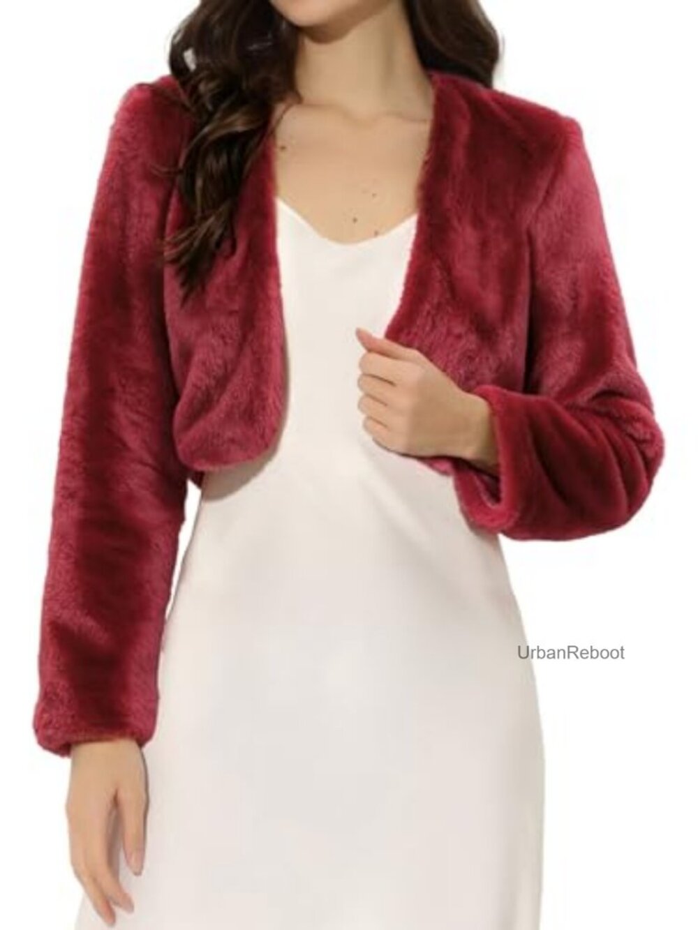 Women's Faux Fur Cropped Bolero Shrug Wedding Evening Jacket Coat Long Sleeve